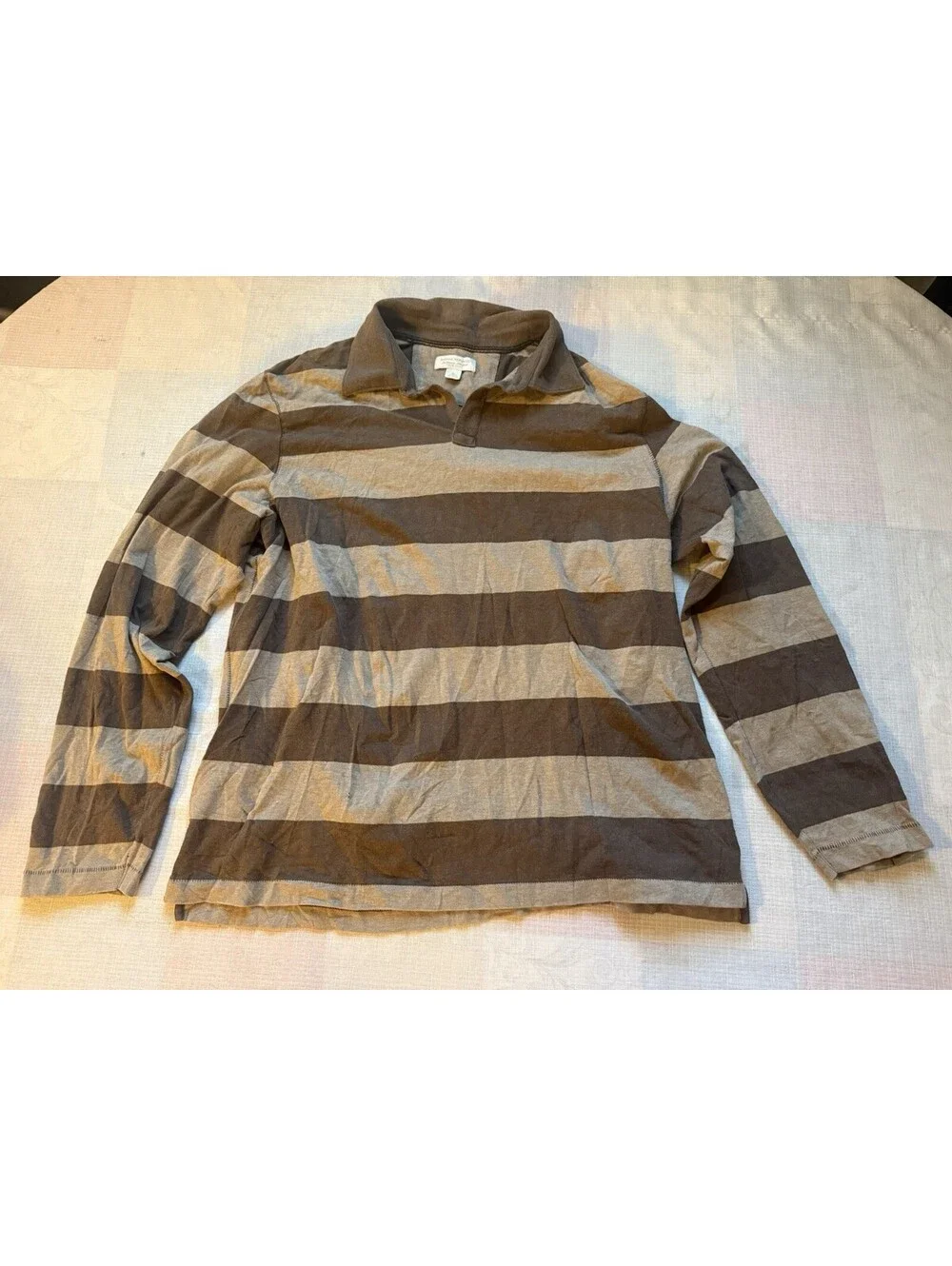 Banana Republic Polo Shirt XL Brown Gray Striped Long Sleeve